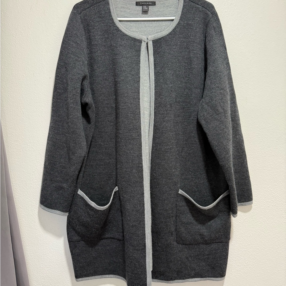 Tahari Gray Long Open Front Cardigan